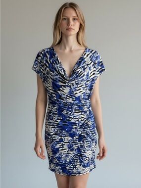 Joseph Ribkoff Blue White Black Abstract Ruched V‑Neck Tunic Dress